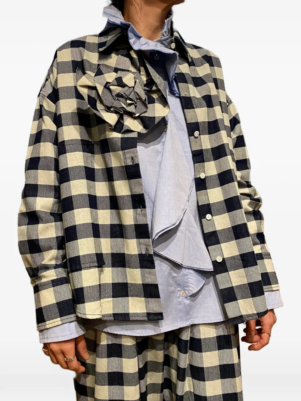 PSOPHIA check-print floral-appliqué shirt