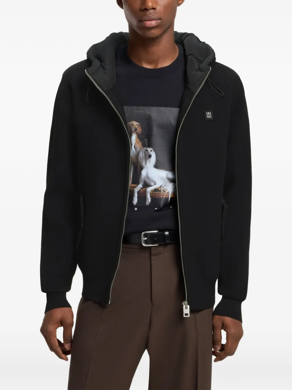 HUGO Ruimvallend jack met capuchon en merkdetails Zwart
