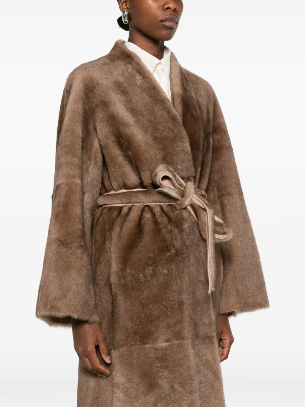 Nour Hammour Davos Belted Shearling Coat in Brown, view 3