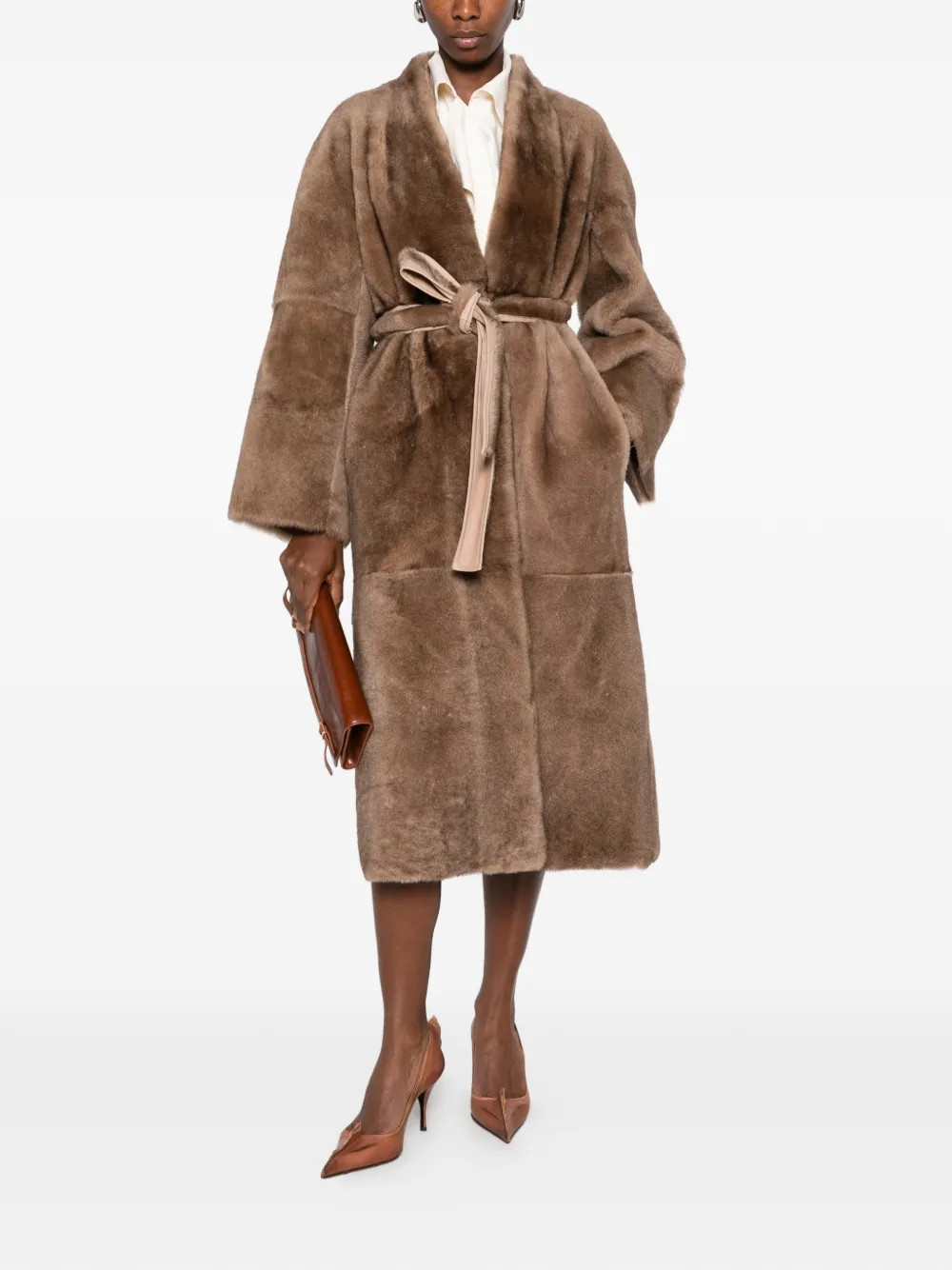 Nour Hammour Davos Belted Shearling Coat in Brown, view 2