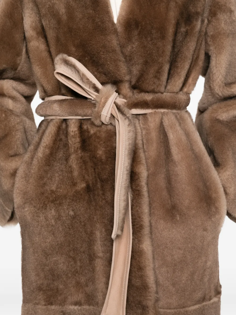 Nour Hammour Davos Belted Shearling Coat in Brown, view 5