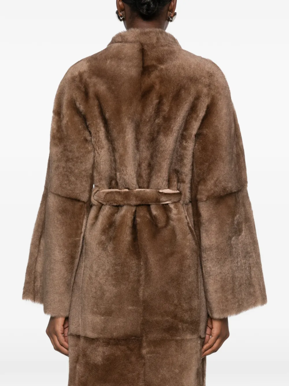 Nour Hammour Davos Belted Shearling Coat in Brown, view 4