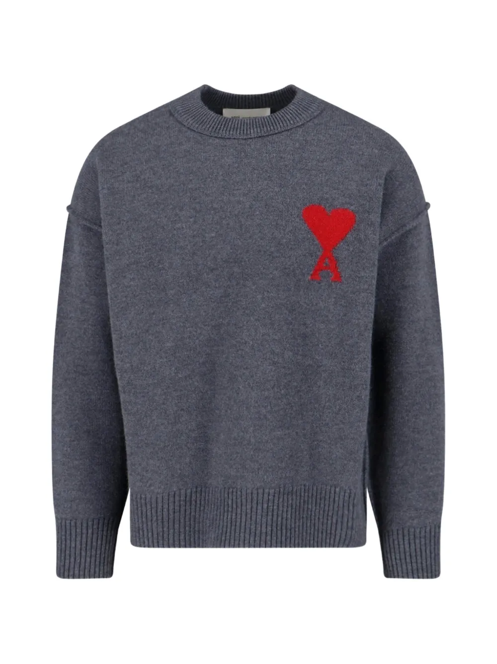AMI Paris grey crewneck wool sweater with Ami de Coeur