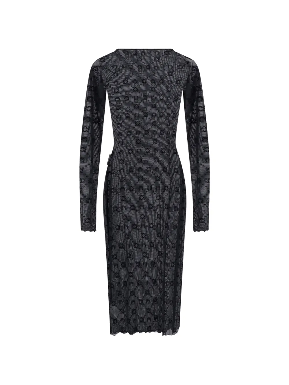 Marine Serre Moonogram mesh flock long-sleeves midi crewneck dress Zwart