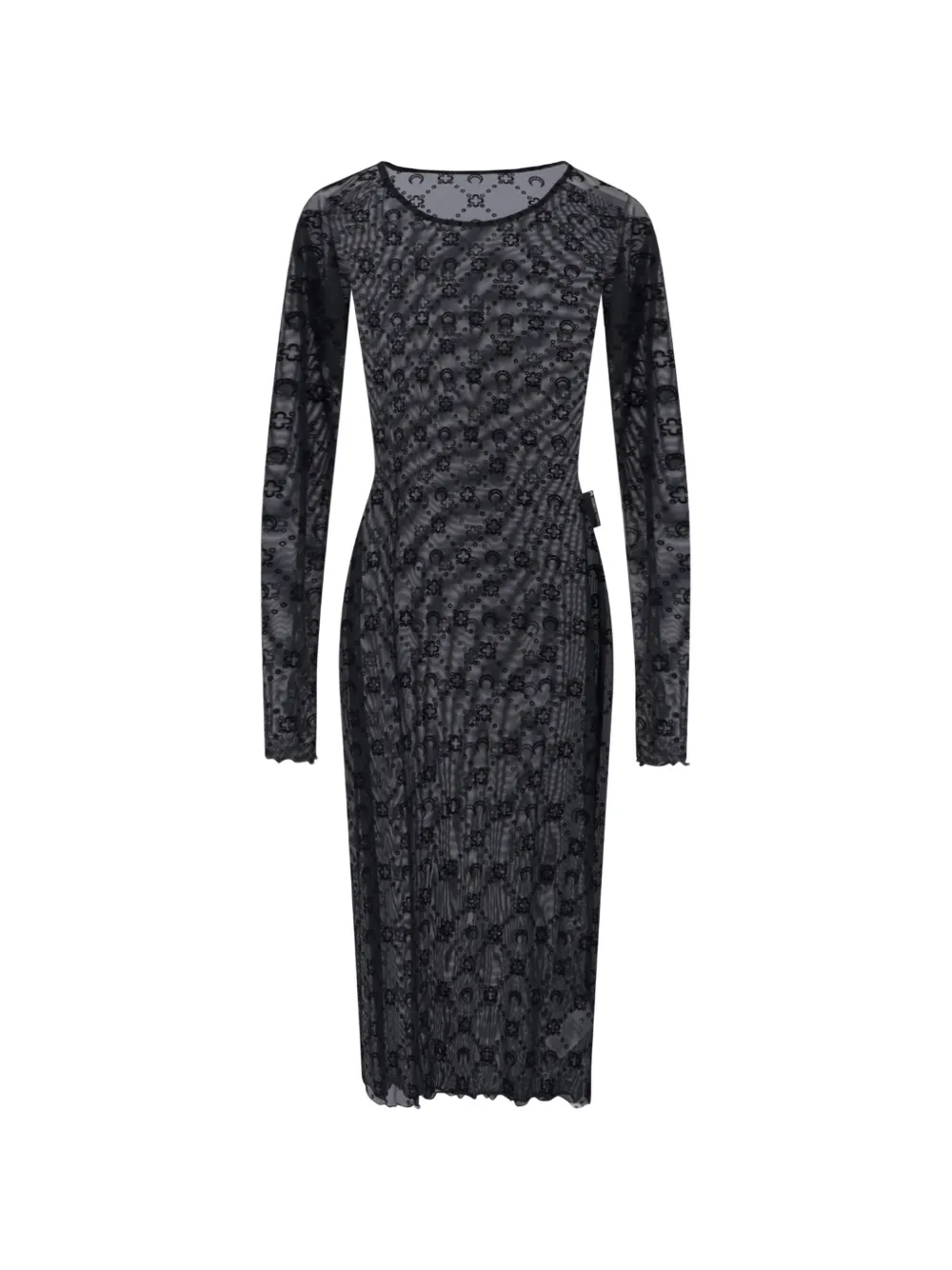 Marine Serre Moonogram mesh flock long-sleeves midi crewneck dress Zwart