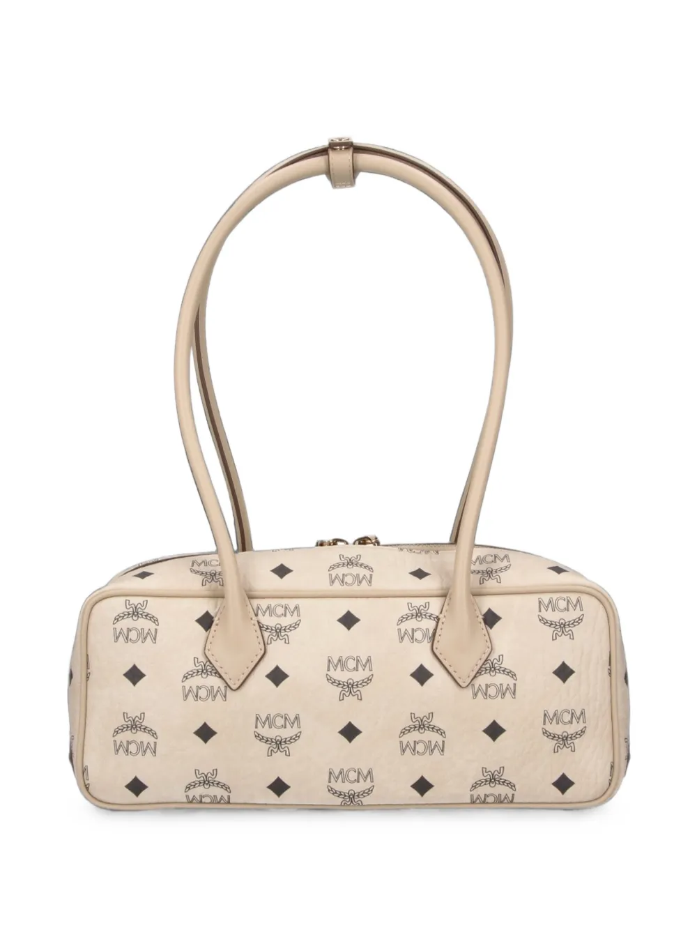 MCM Kleine Aren schoudertas met monogram-print en leren afwerking Beige