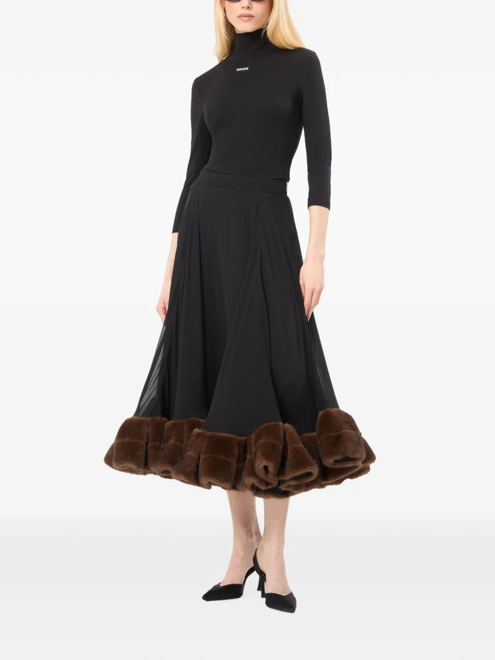 ROTATE BIRGER CHRISTENSEN Midi-rok met afwerking van imitatiebont Zwart