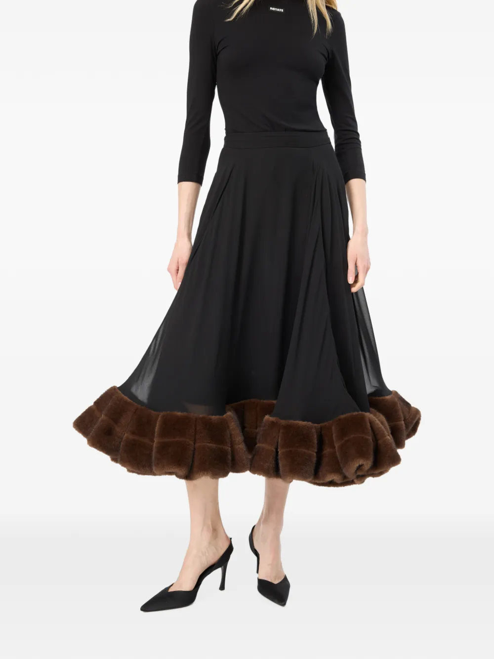 ROTATE BIRGER CHRISTENSEN Midi-rok met afwerking van imitatiebont Zwart