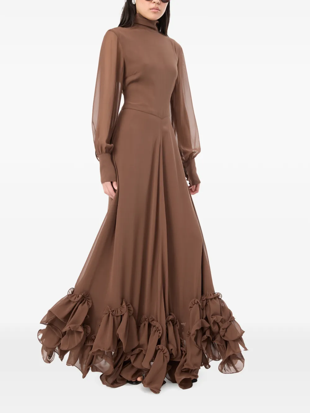 ROTATE BIRGER CHRISTENSEN Maxi-jurk met ruches en lange mouwen Bruin