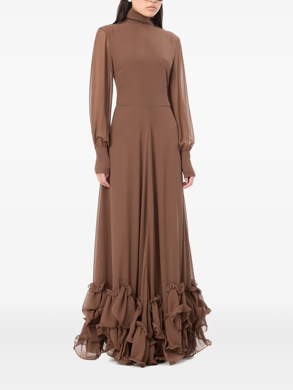ROTATE BIRGER CHRISTENSEN Maxi-jurk met ruches en lange mouwen Bruin