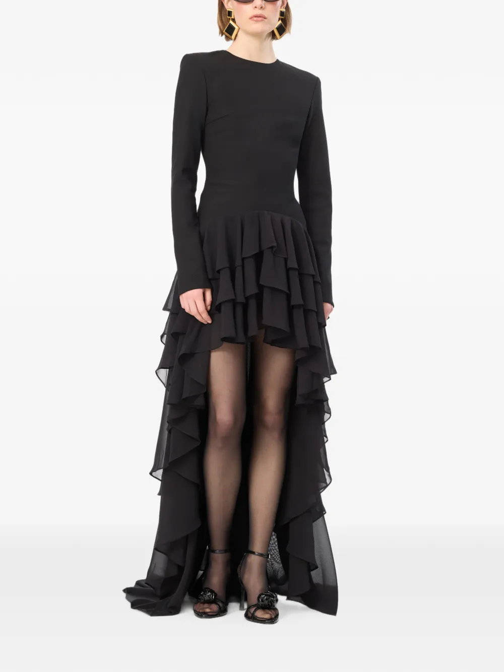 ROTATE BIRGER CHRISTENSEN Asymmetrische jurk met ruches en lange mouwen Zwart