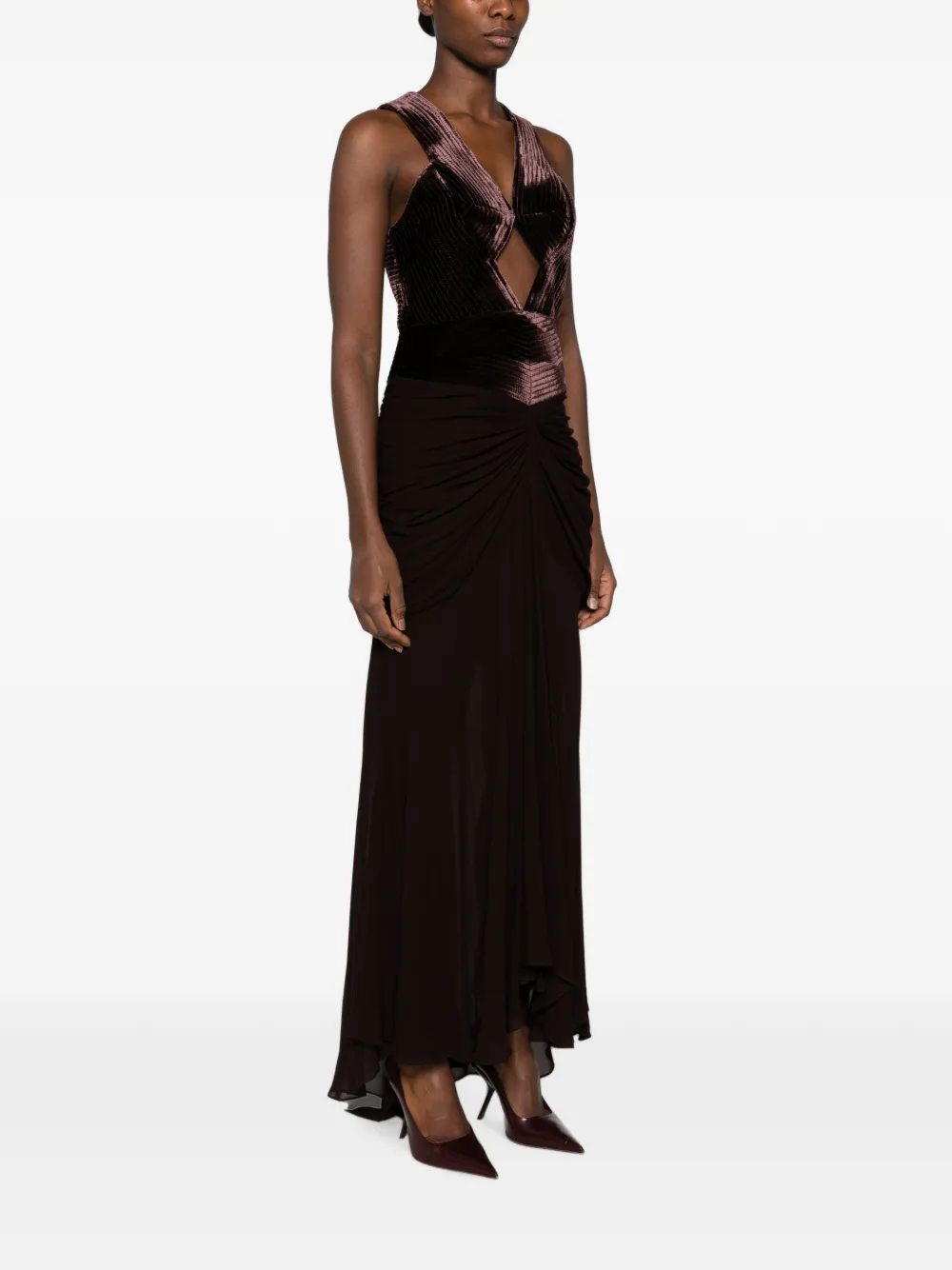 ZIMMERMANN maxi-dress met fluwelen vlakken en ruches Bruin
