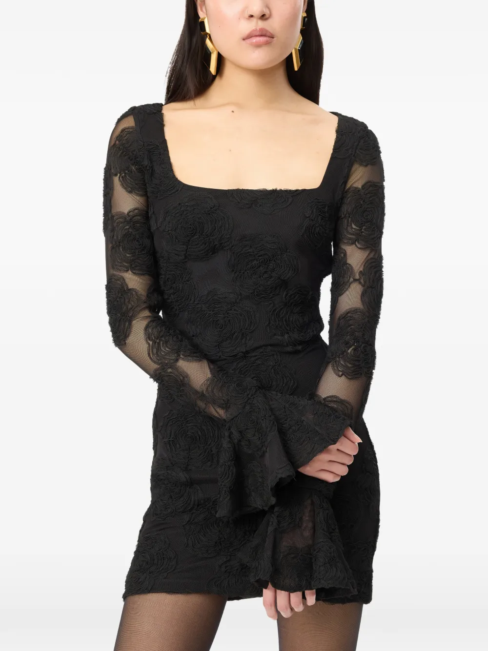 ROTATE BIRGER CHRISTENSEN Mesh mini-jurk met lange mouwen en bloemen Zwart