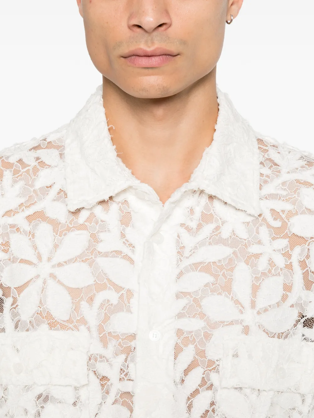 SIMKHAI Floral-lace Short-sleeve Shirt in White, view 5