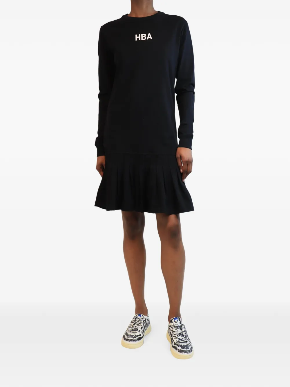 HBA Abito corto a maniche lunghe con gonna plissettata e logo - Nero