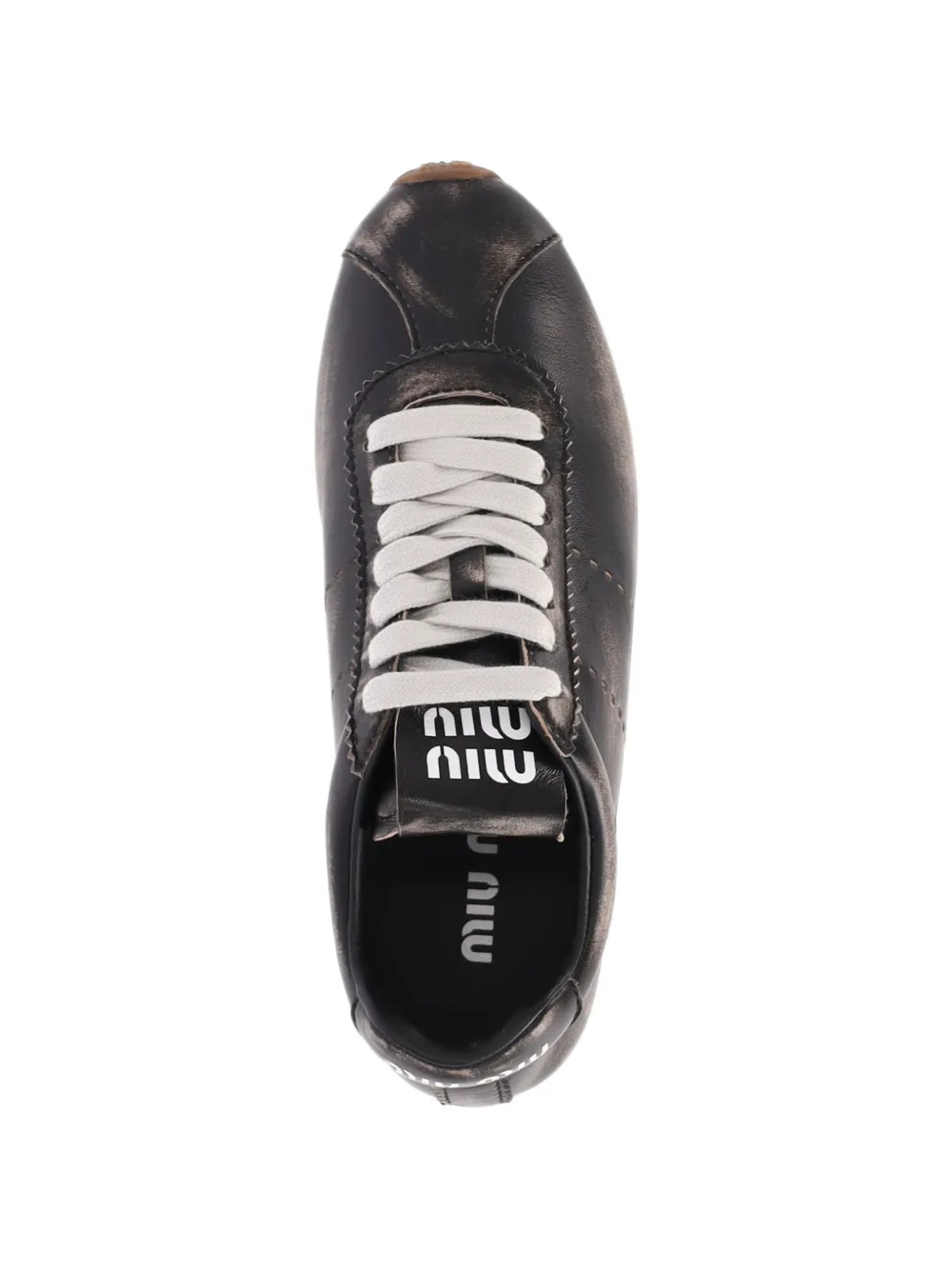 Miu Plume distressed-effect leather sneakers Zwart