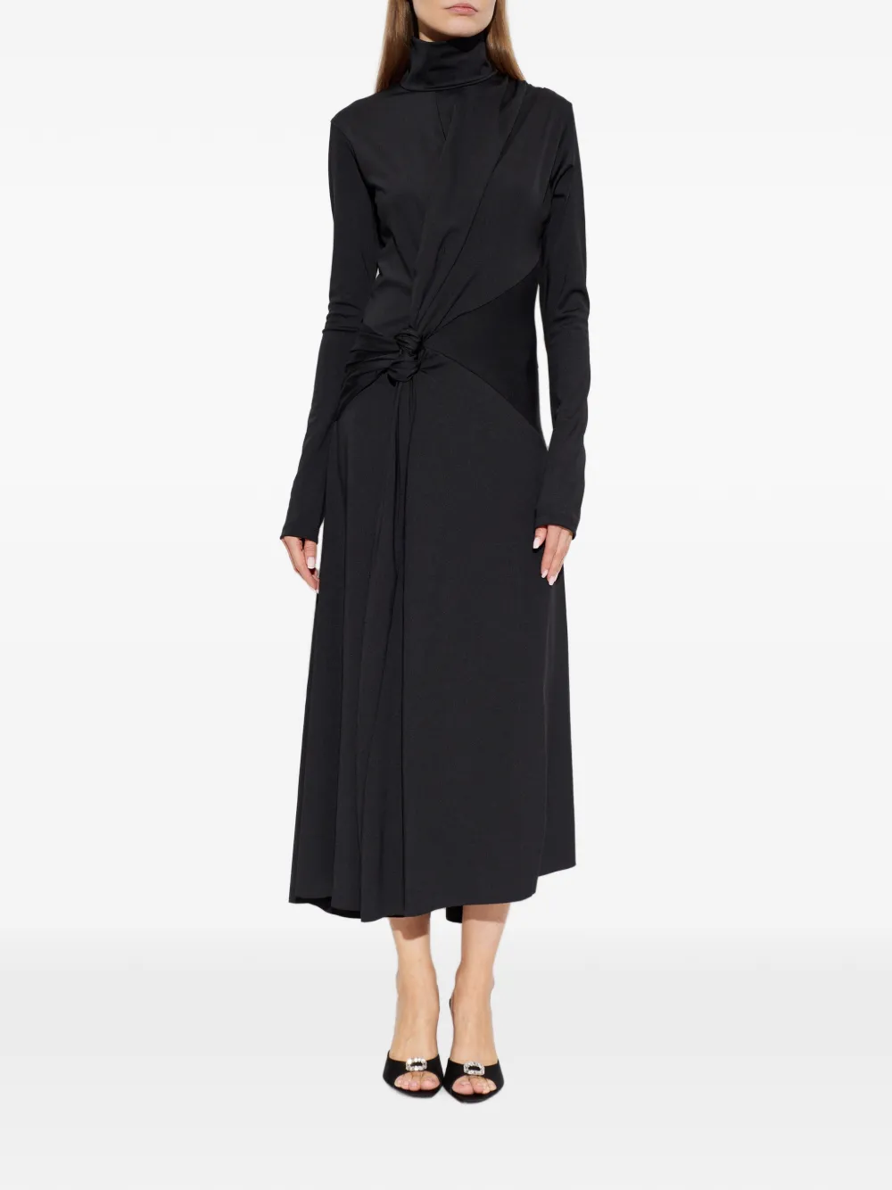 Victoria Beckham midi-jurk met geknoopt detail en gesmockte afwerking Zwart