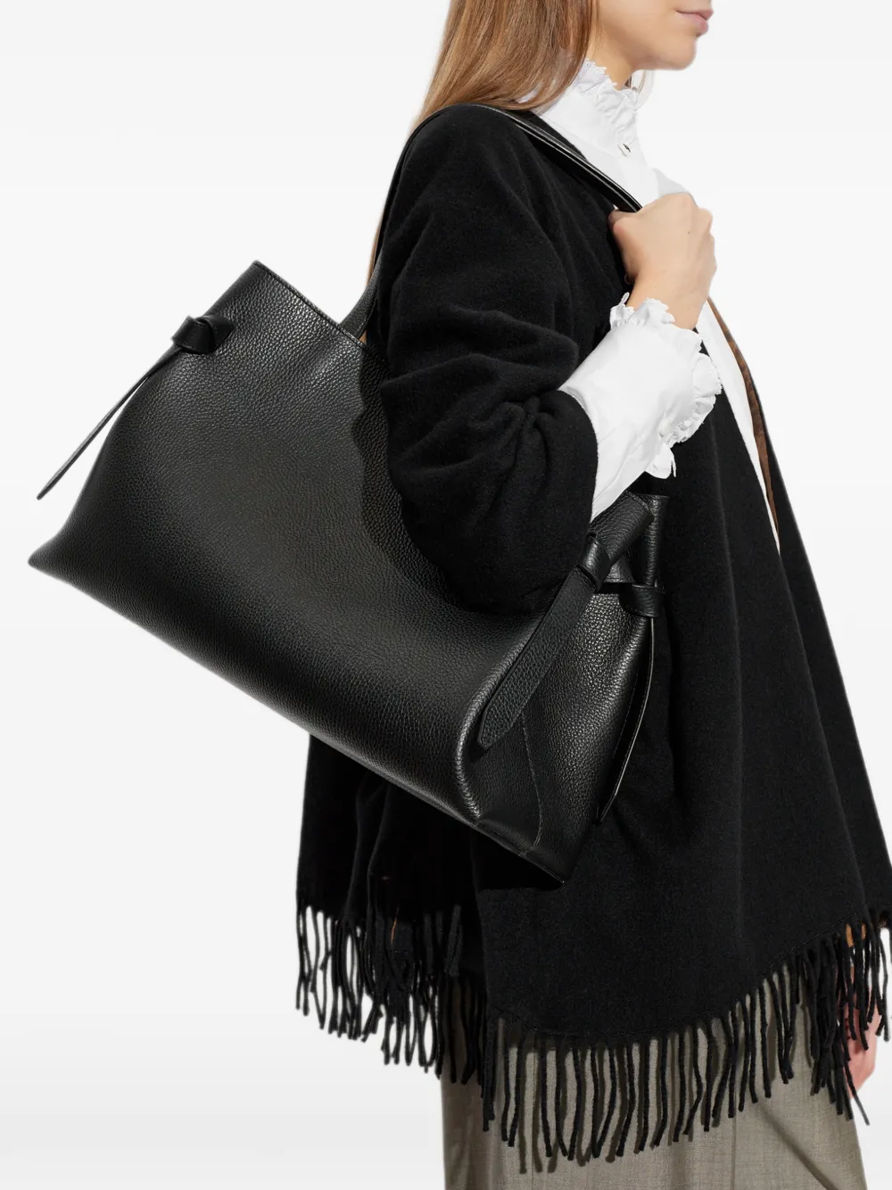 Yuzefi Grote Gyoza leren shopper Zwart