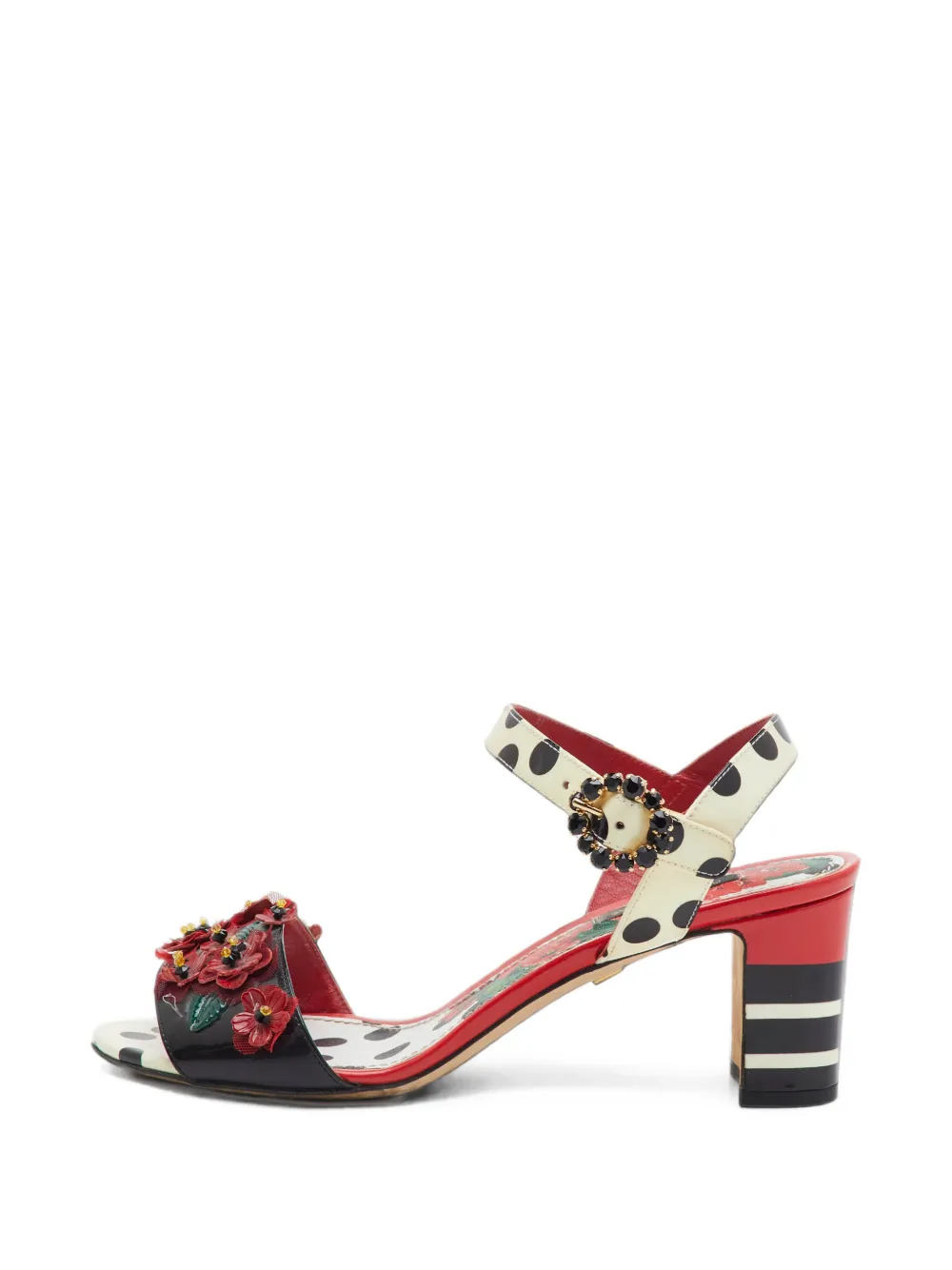 Dolce & Gabbana Pre-Owned sandales en cuir verni à pois et appliqué floral - Noir Dolce & Gabbana Pre-Owned sandales en cuir verni à pois et appliqué floral - Noir
