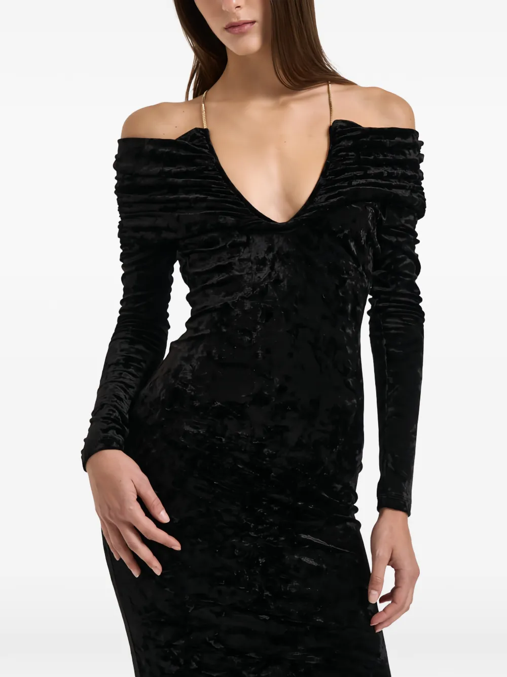 Danamè Meryl Crushed-velvet Off-shoulder Maxi Dress In Black