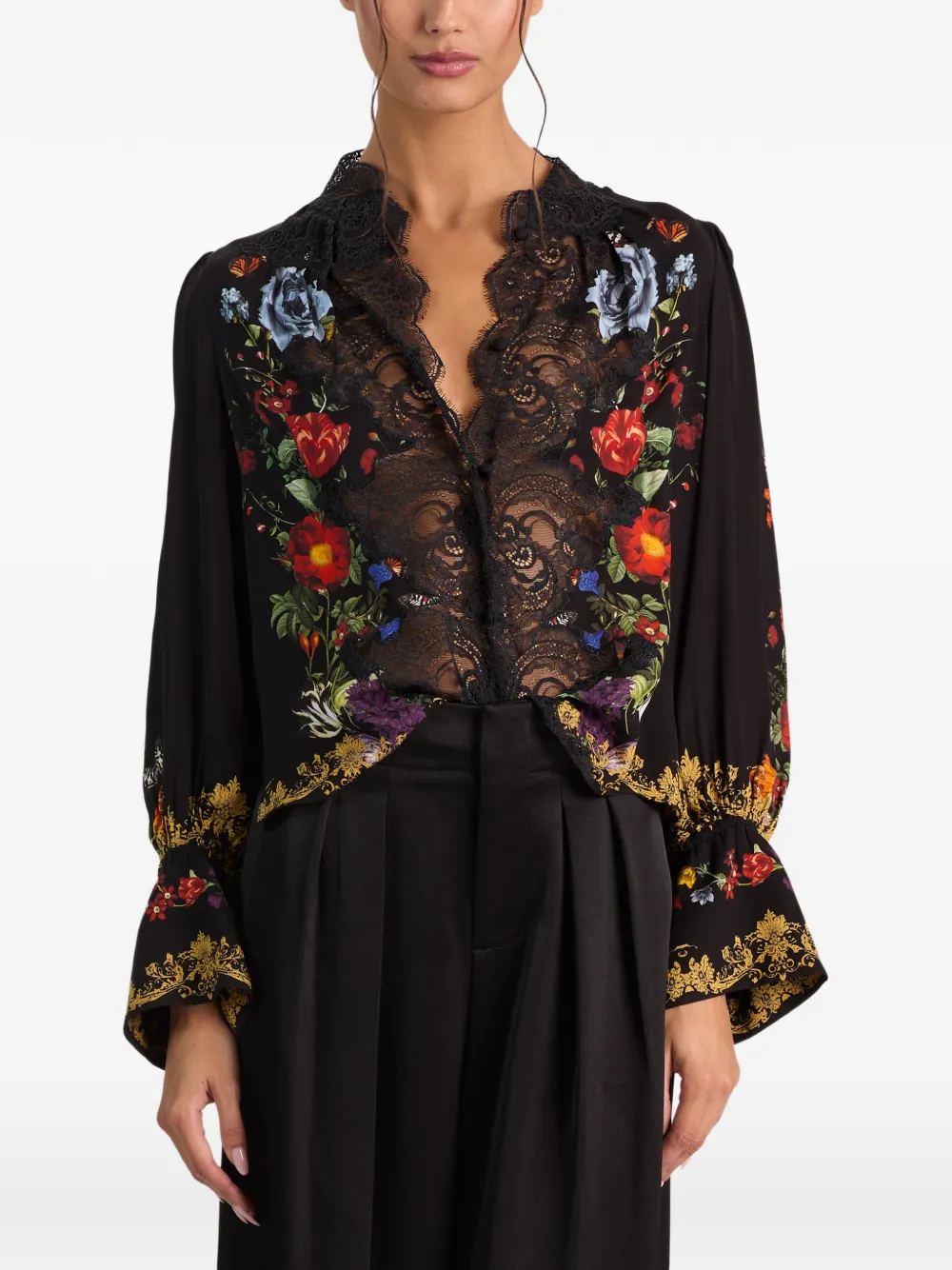 alice + olivia Marion lace-panel floral-print blouse Zwart