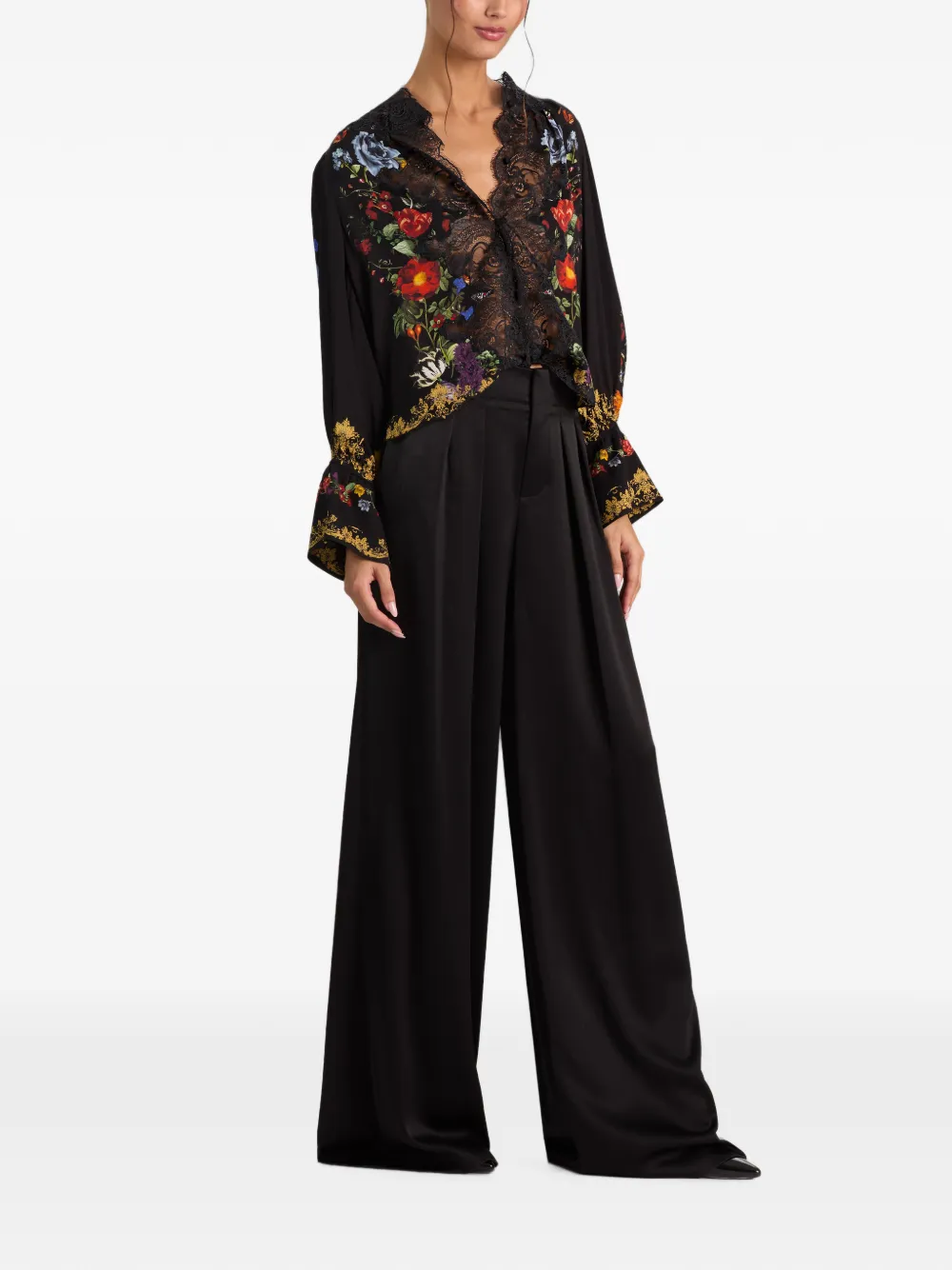 alice + olivia Marion lace-panel floral-print blouse Zwart