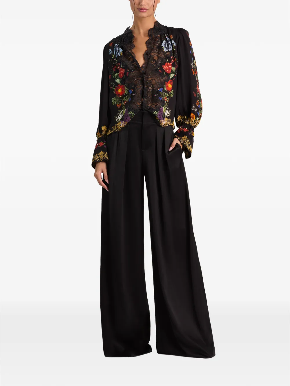 alice + olivia Marion lace-panel floral-print blouse Zwart
