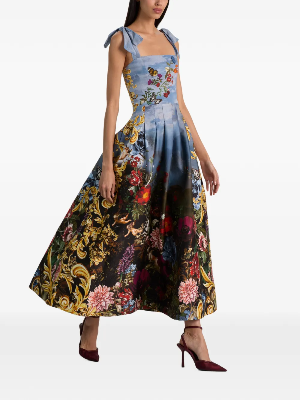 alice + olivia Hana midi-jurk met vierkante hals en gestrikt bandje Blauw