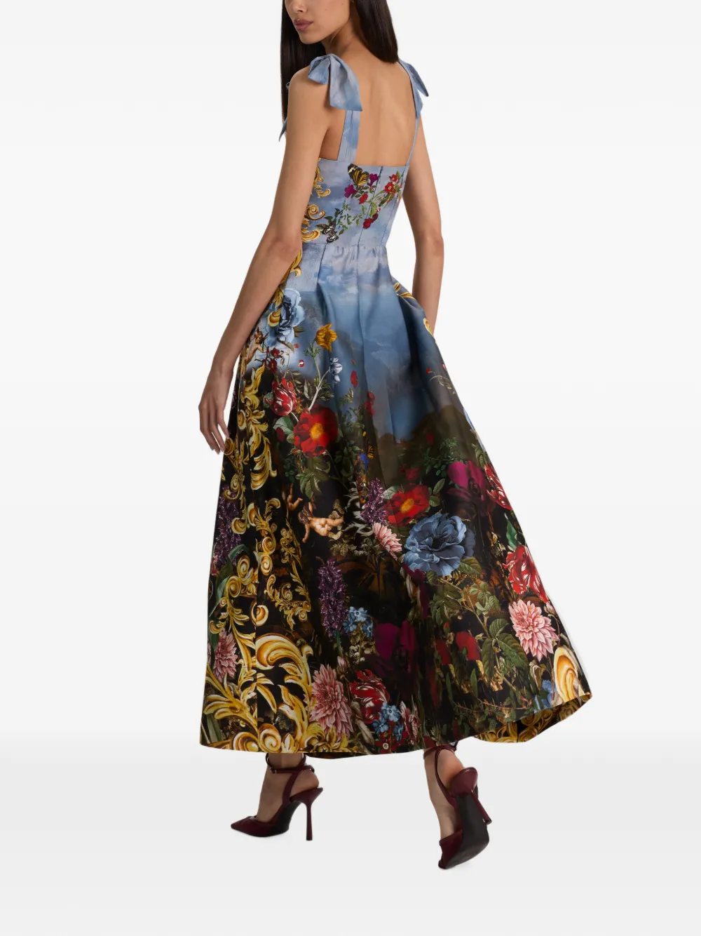 alice + olivia Hana midi-jurk met vierkante hals en gestrikt bandje Blauw