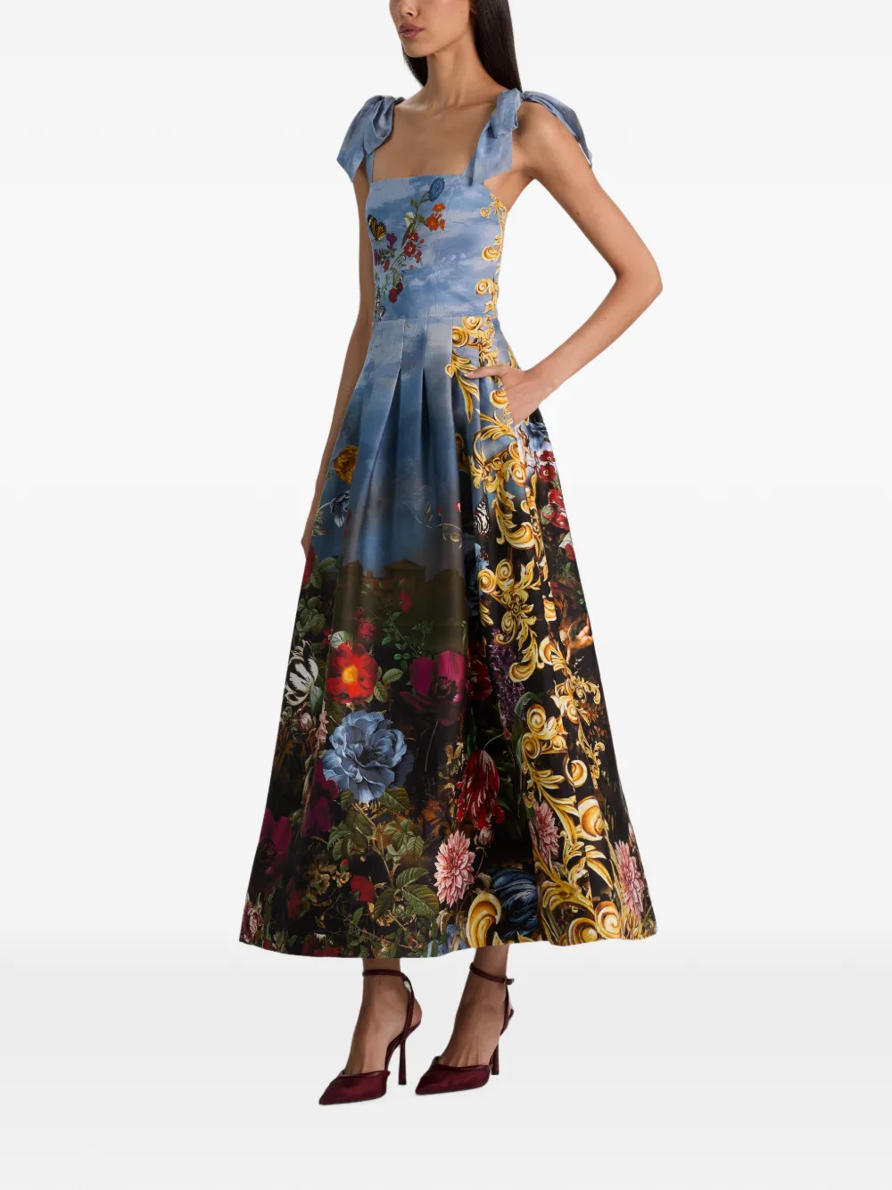 alice + olivia Hana midi-jurk met vierkante hals en gestrikt bandje Blauw