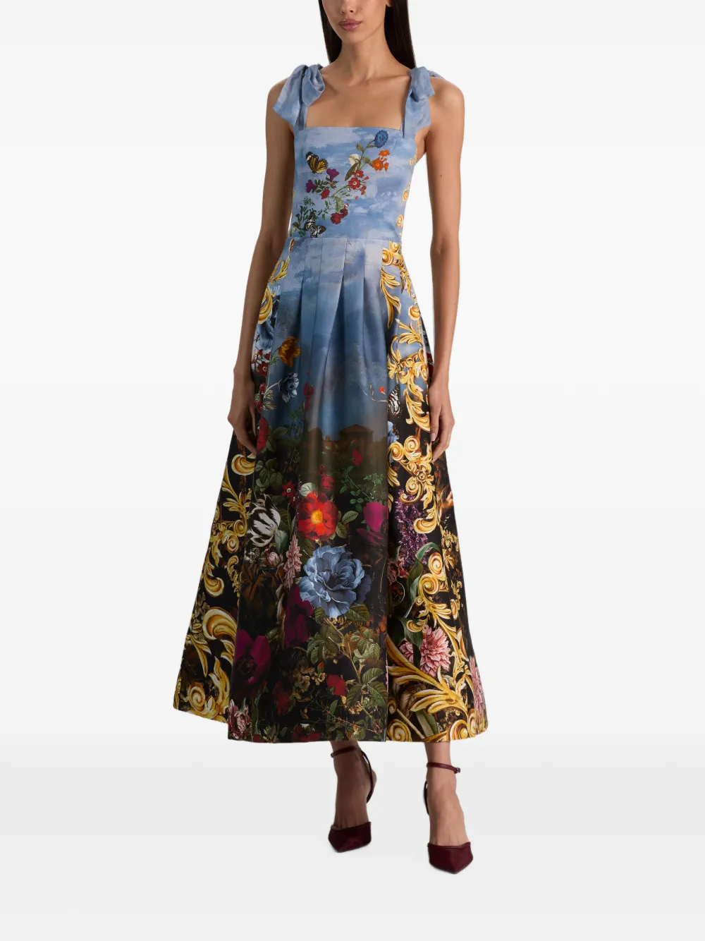 alice + olivia Hana midi-jurk met vierkante hals en gestrikt bandje Blauw