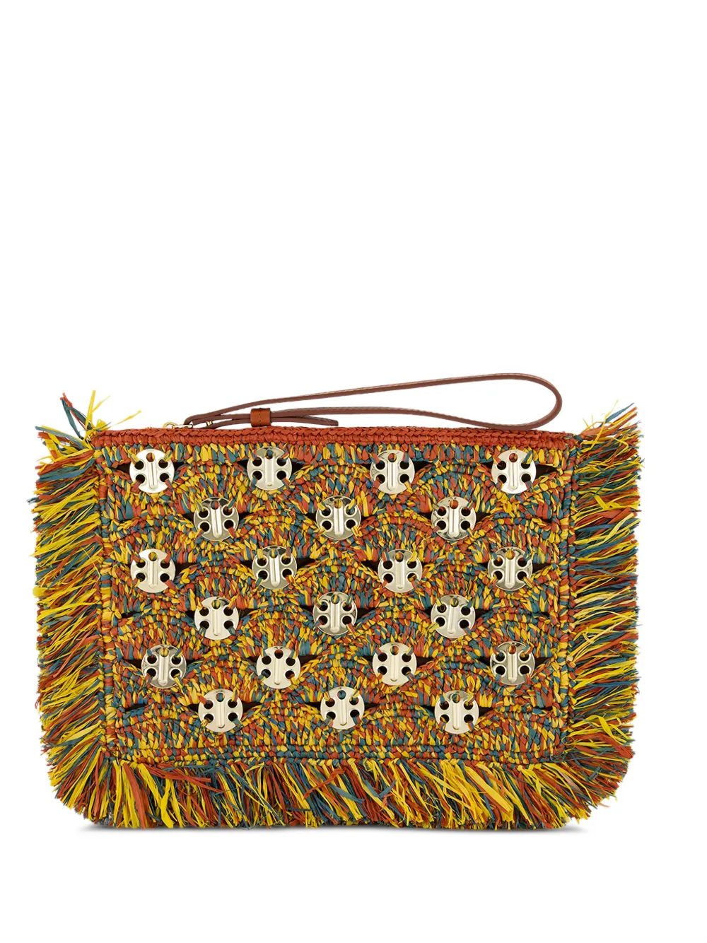 Rabanne fringe-trimmed medallion-embellished clutch bag - Arancione