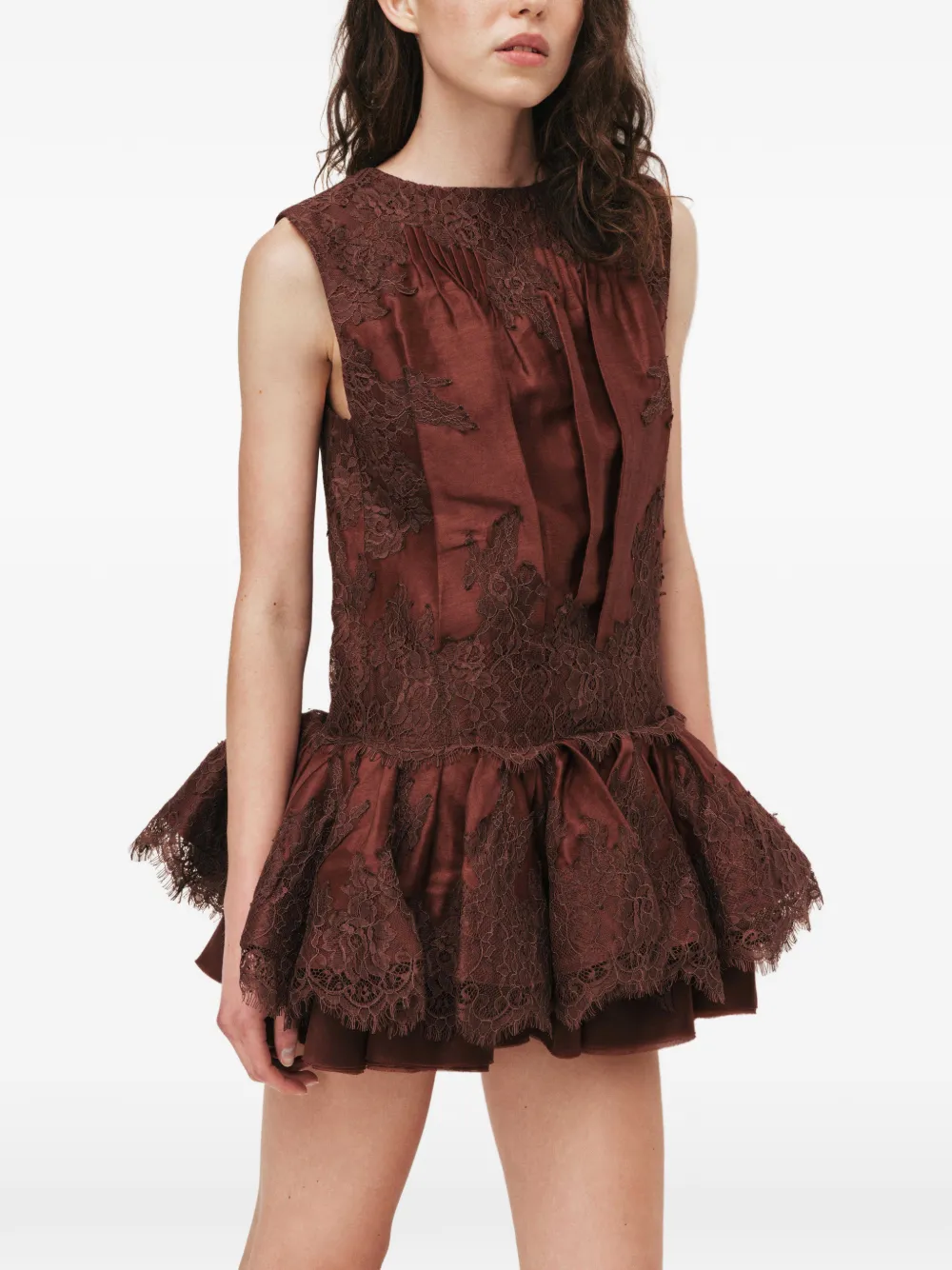 Aje Cressida mini-jurk met ruches en kanten afwerking Bruin