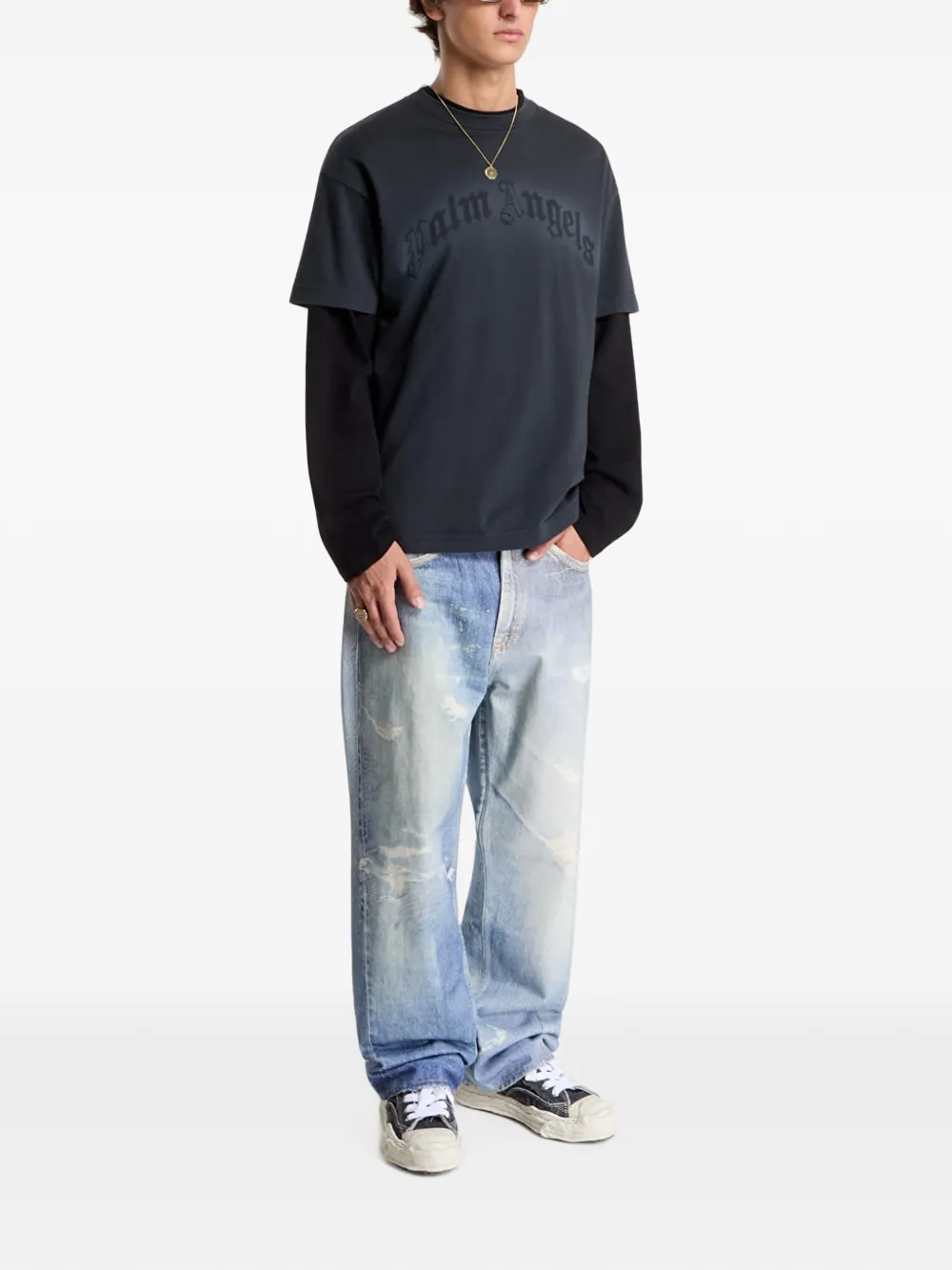 Palm Angels T-shirt met logopatch en gelaagde mouwen Zwart