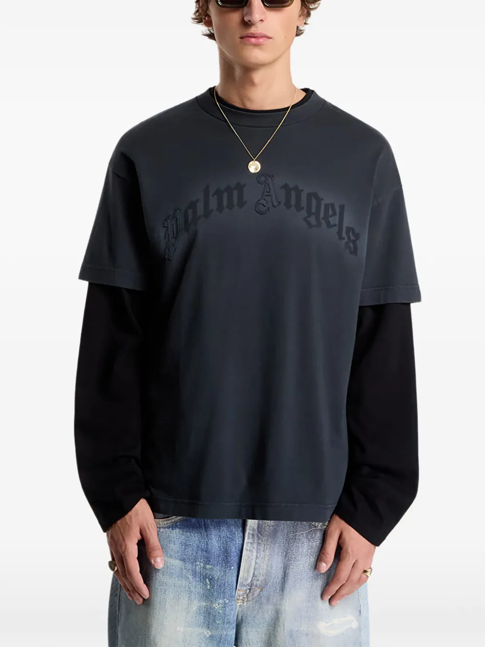 Palm Angels T-shirt met logopatch en gelaagde mouwen Zwart