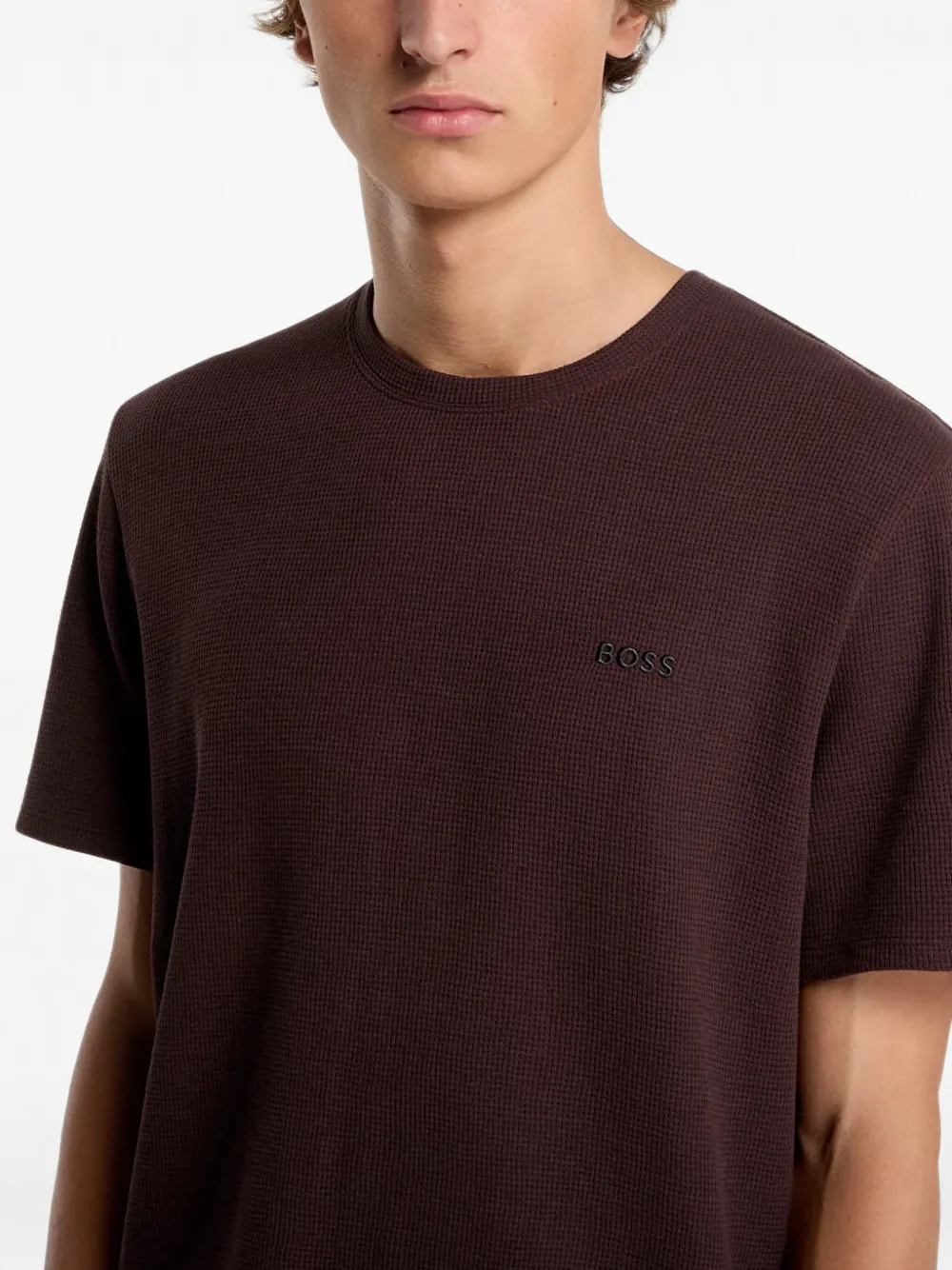 HUGO Wafelgebreid pyjama-T-shirt met logo-patch Bruin