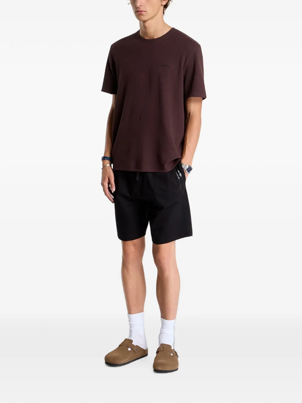 HUGO Wafelgebreid pyjama-T-shirt met logo-patch Bruin
