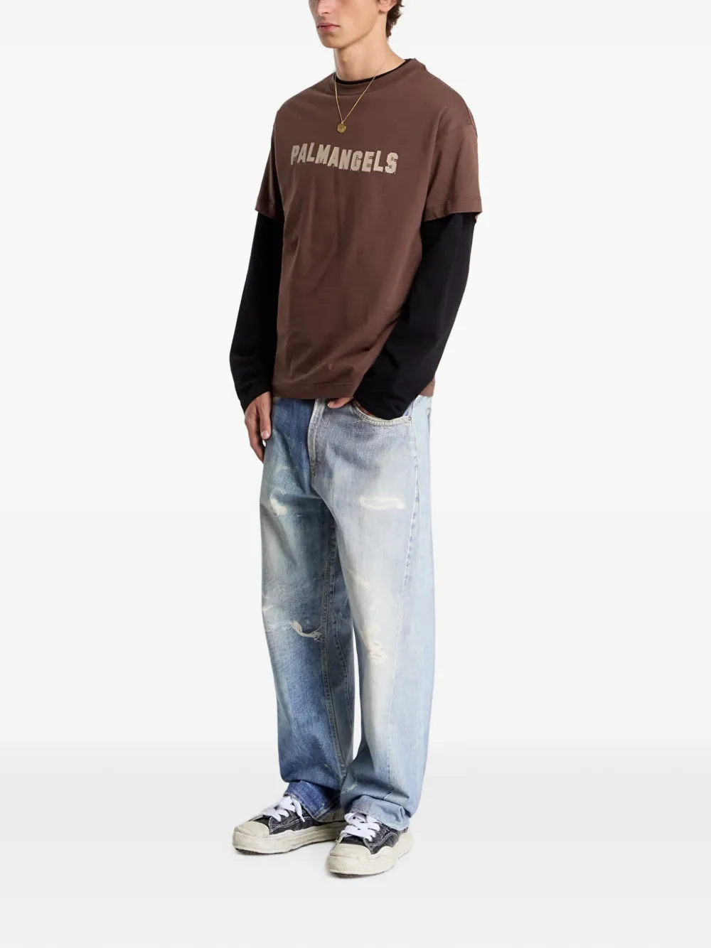 Palm Angels logo-print double-layer T-shirt Bruin