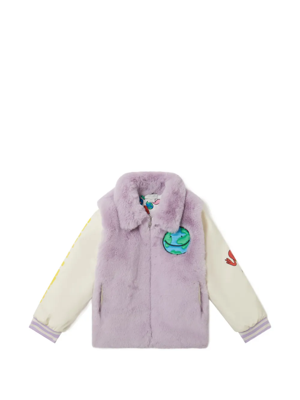 Stella McCartney Kids faux-fur graphic-embroidery jacket - Viola