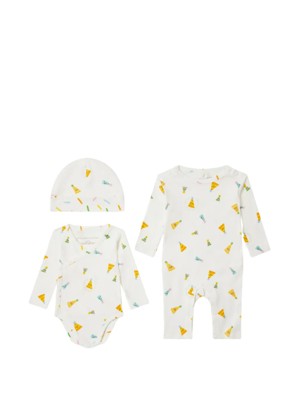 Stella McCartney Kids party-hat print babygrow four-piece set - Bianco