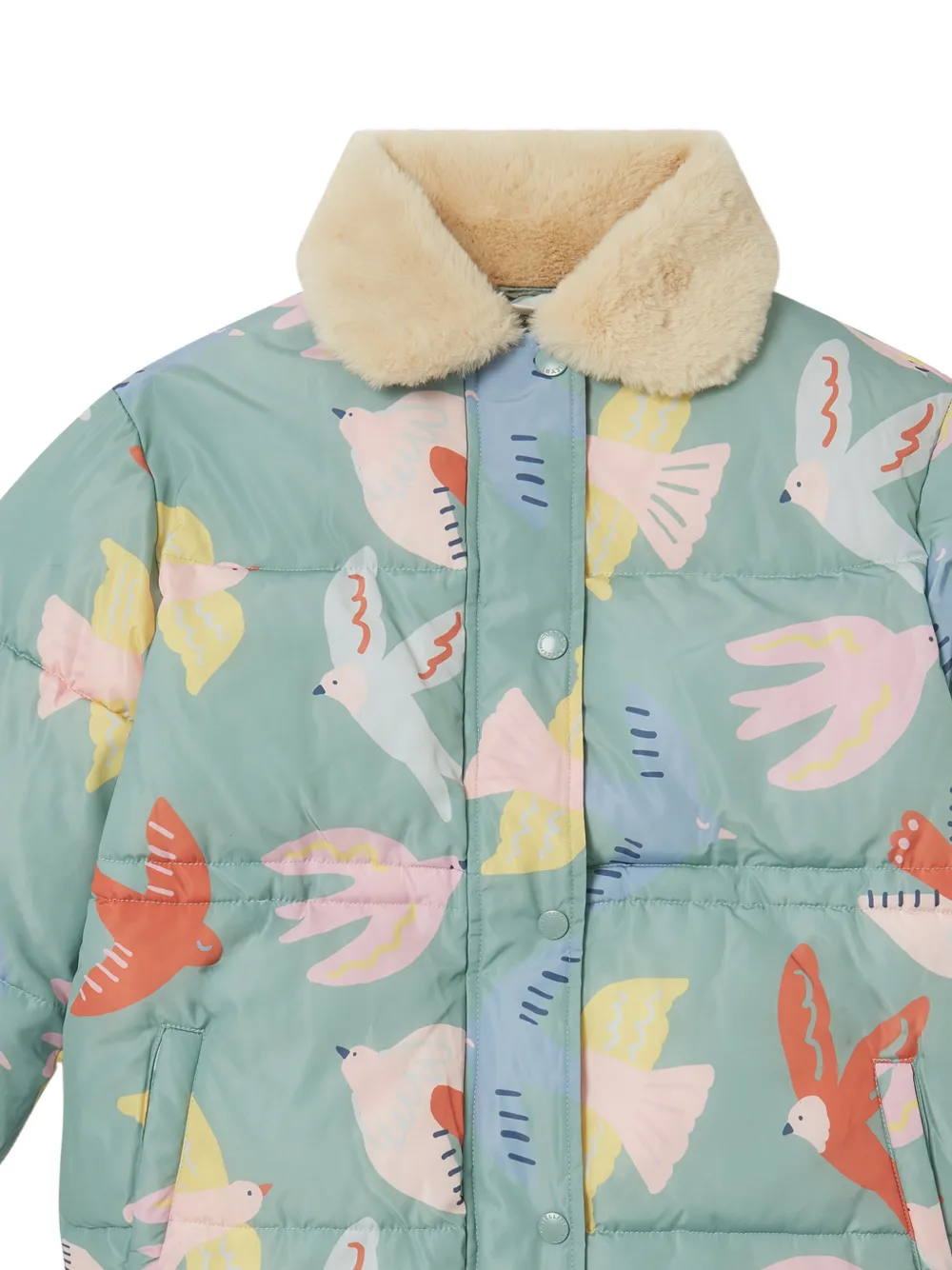 Stella McCartney Kids Dove jas met kraag van imitatiebont en vogelprint Groen