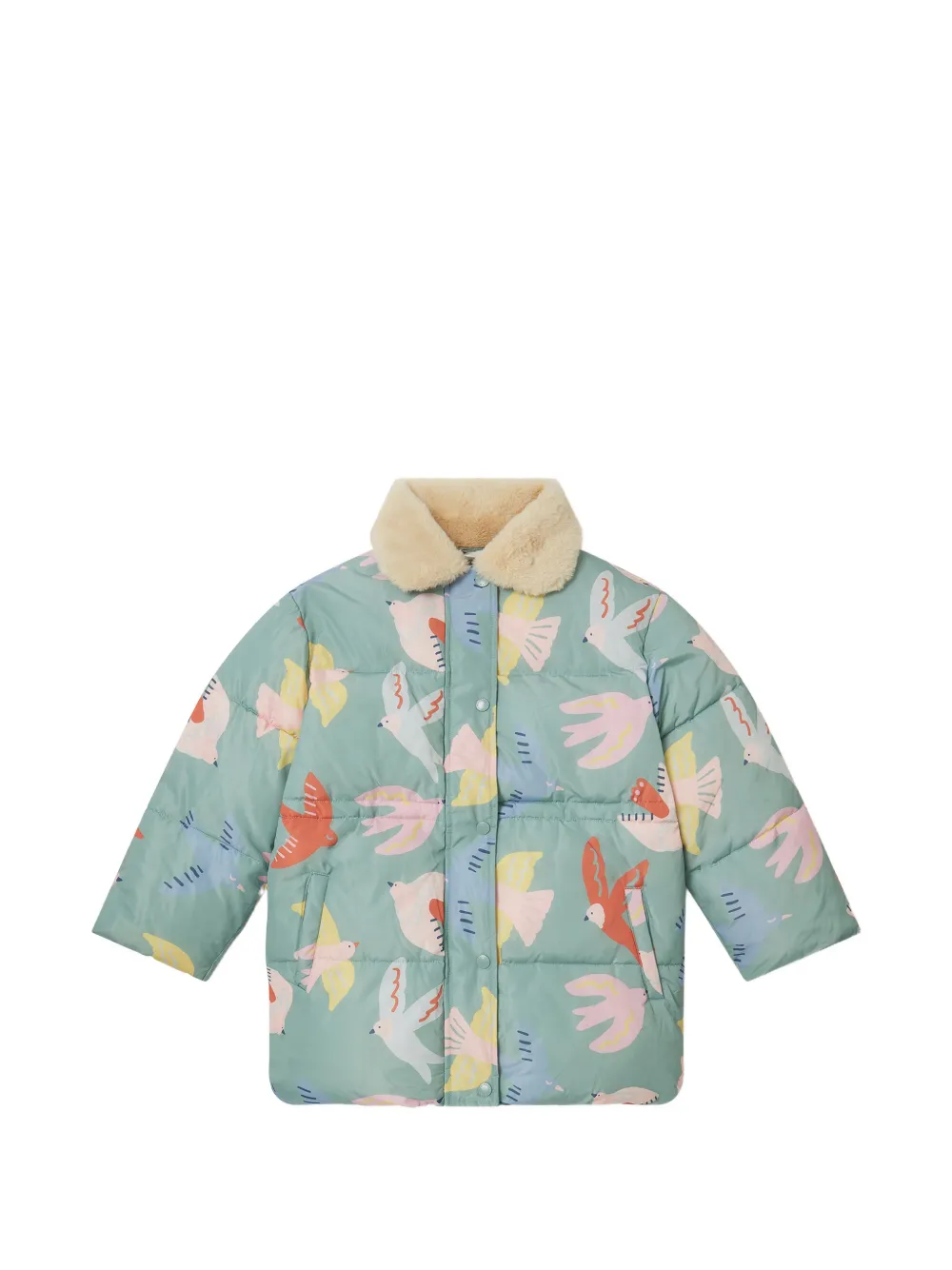 Stella McCartney Kids Dove bird-print faux-fur-collar coat - Verde
