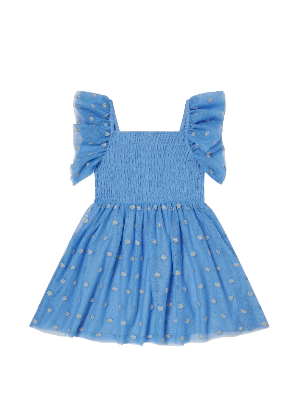 Stella McCartney Kids Jurk met geborduurde bloemen en ruches Blauw