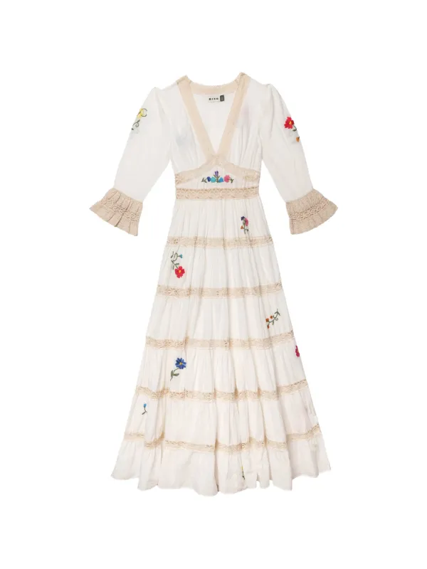 Rixo Regine Floral-embroidered Tiered Dress in White