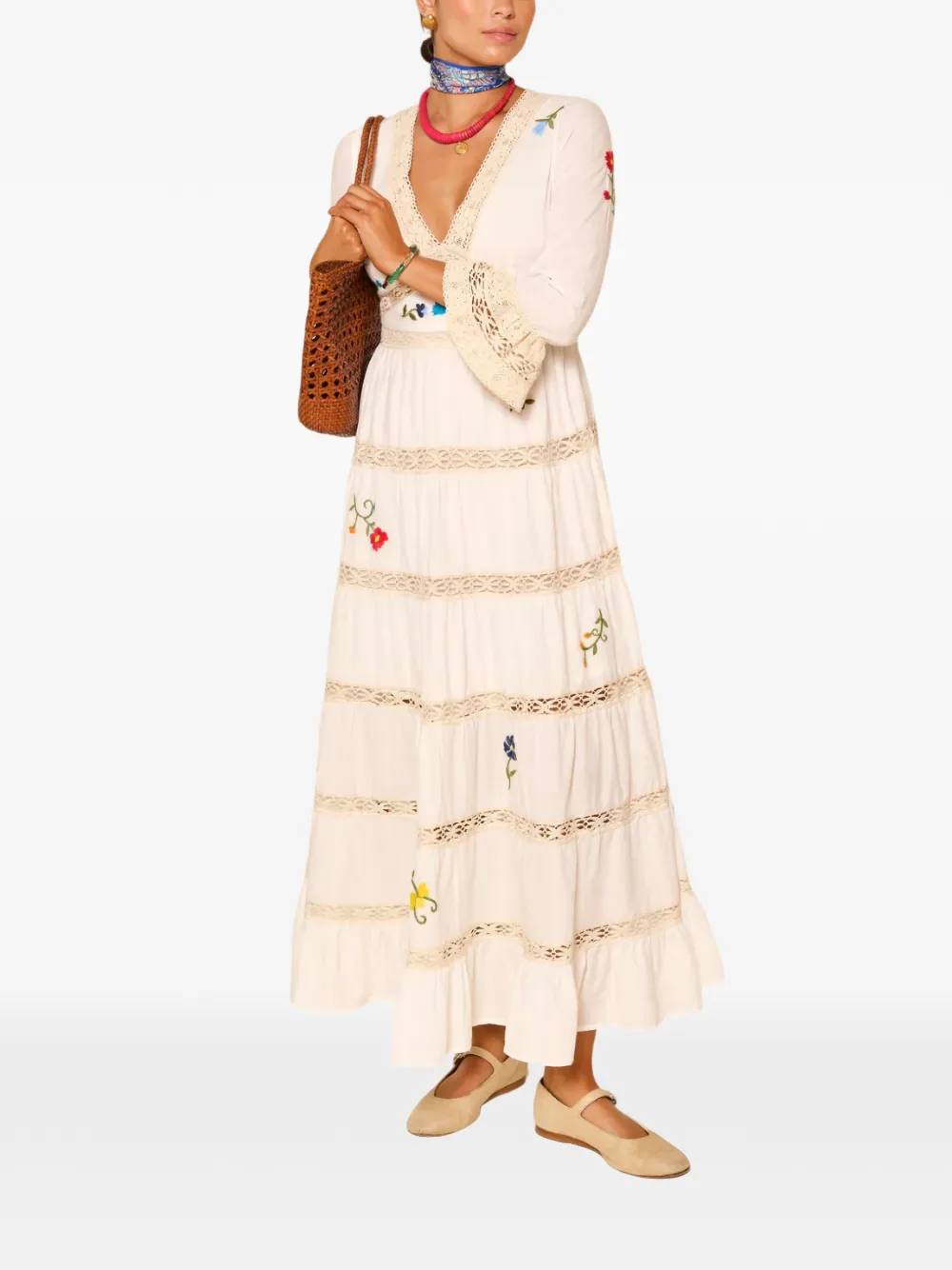 Rixo Regine Floral-embroidered Tiered Dress in White, view 2