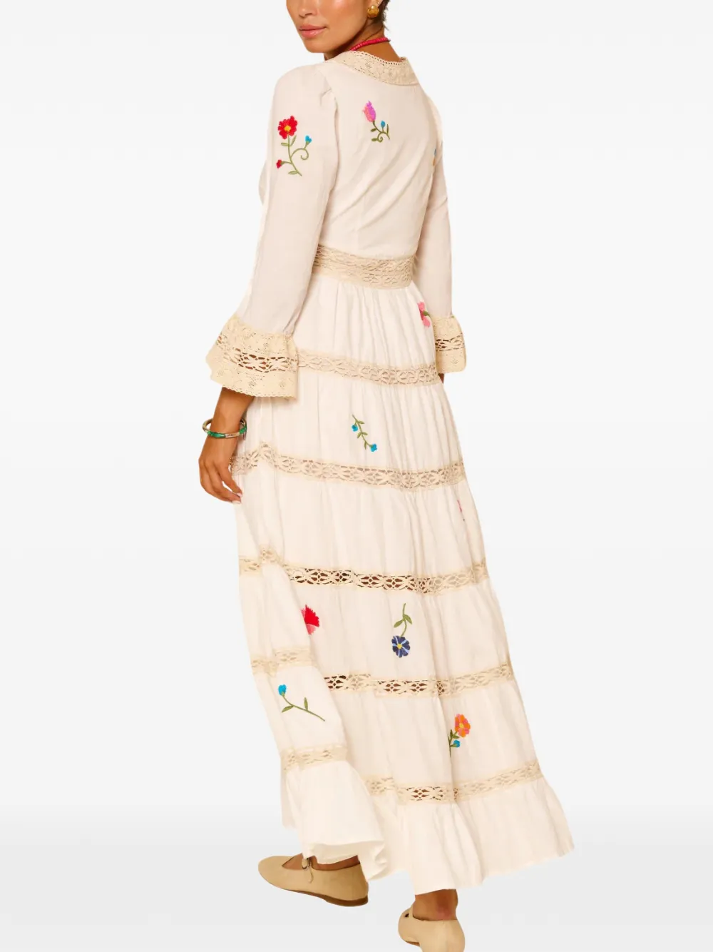 Rixo Regine Floral-embroidered Tiered Dress in White, view 3