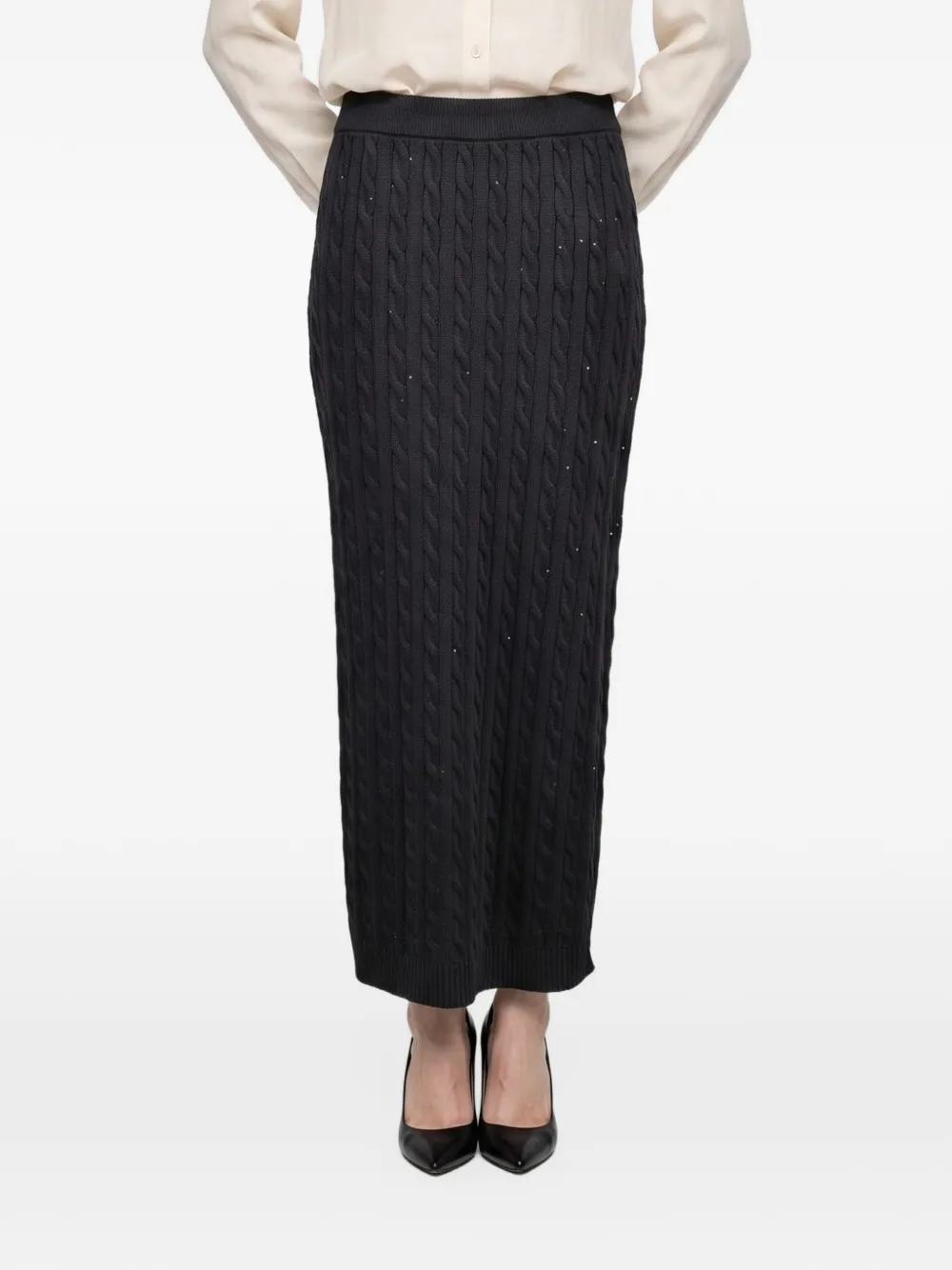 Brunello Cucinelli sequin-embellished cable-knit maxi skirt – Black
