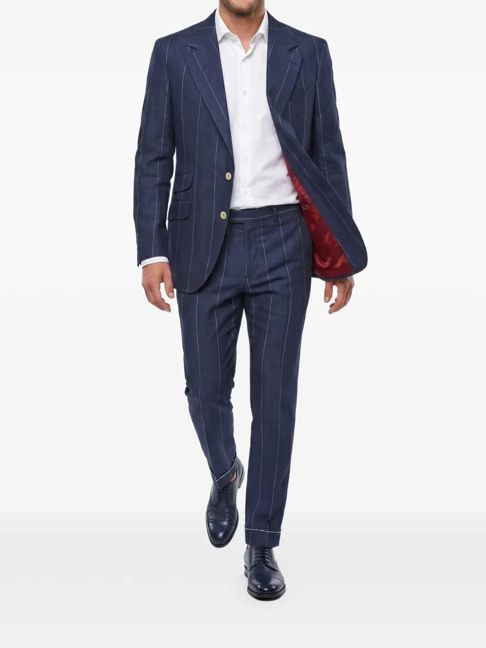 Brunello Cucinelli Pak met krijtstreep en puntige revers Blauw