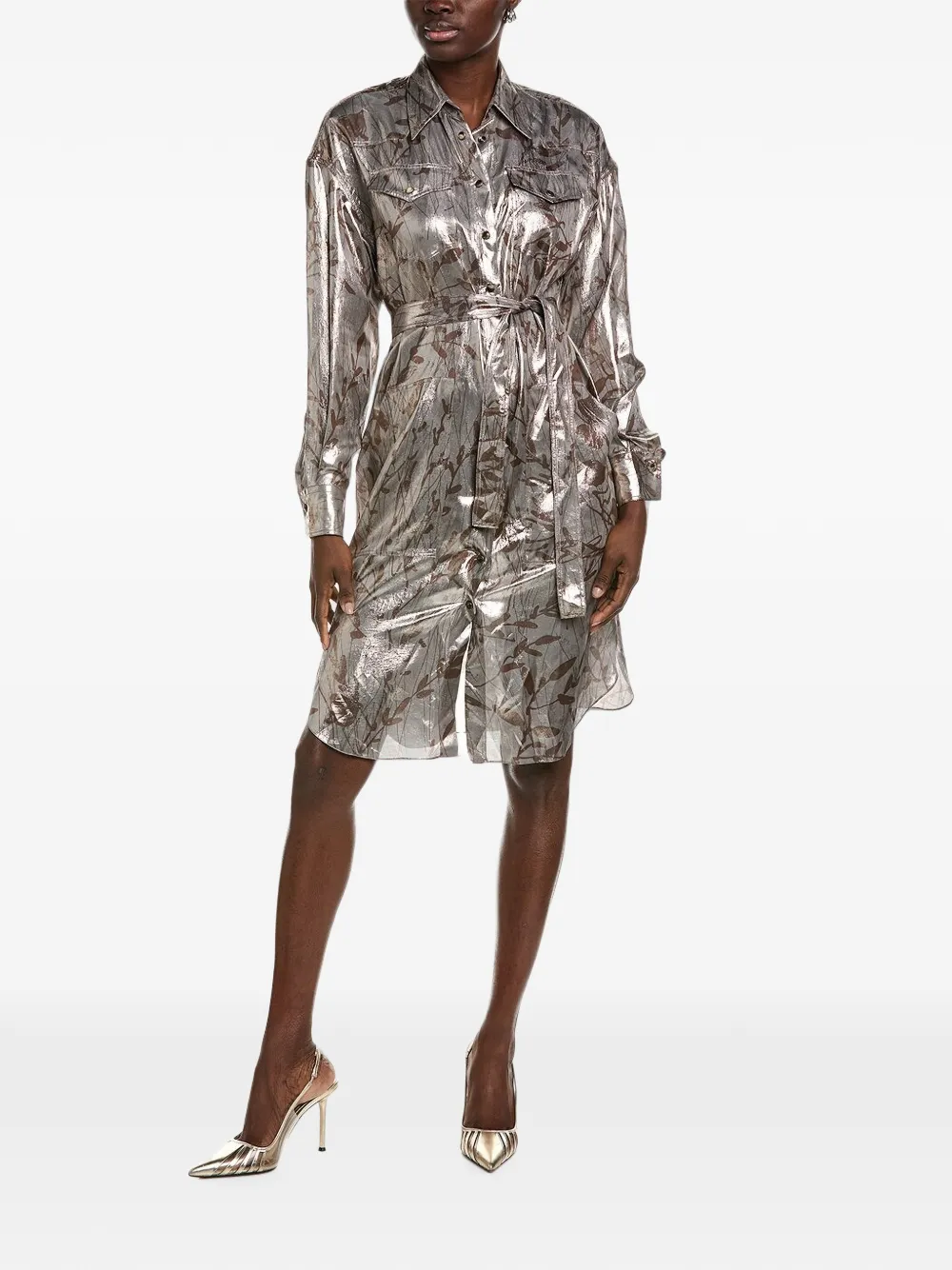 Brunello Cucinelli botanical-print belted shirt dress - Argento