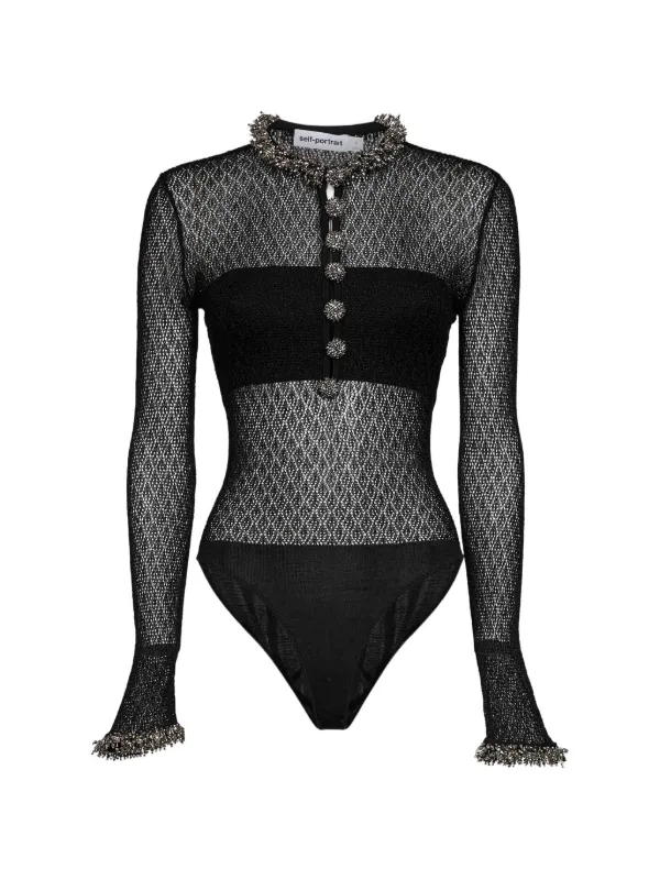 Self-Portrait Bead-embroidered Mesh Bodysuit in Black